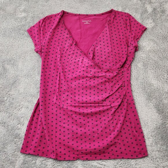 3/$20 Merona Short Sleeve Top Womens S/P Pink Wrap-Style Black Print Stretch - Picture 1 of 11